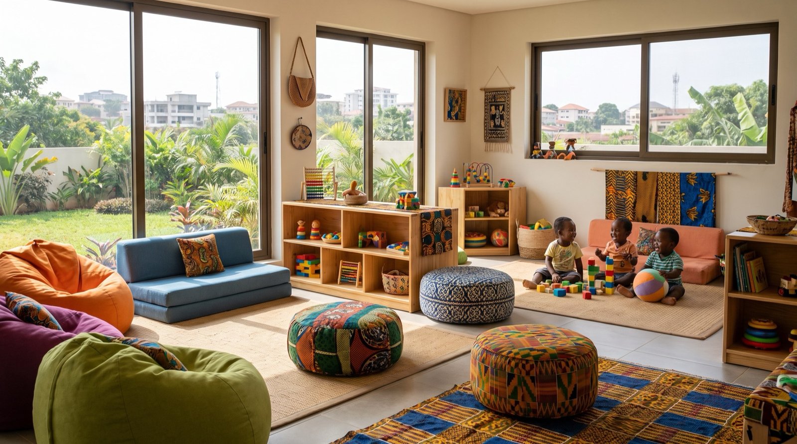 Salle de jeux colorée de la crèche Le Monde de Lili avec des enfants africains