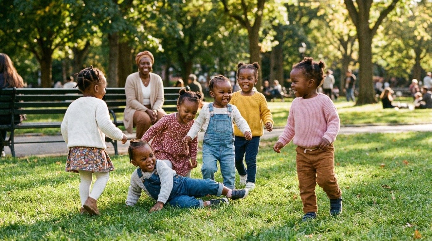 Enfants africains jouant en plein air dans un parc avec leur éducatrice, article sortie et excursion